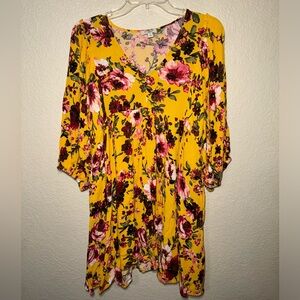 Umgee Women’s Medium Yellow Floral V-Neck Boho Mini Dress Pockets Flowy
